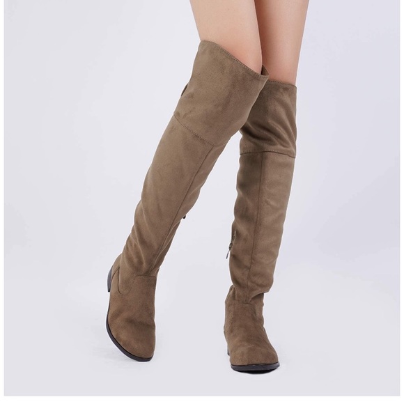 Khaki Suede Over The Knee Thigh High Winter Boots - Picture 3 of 6